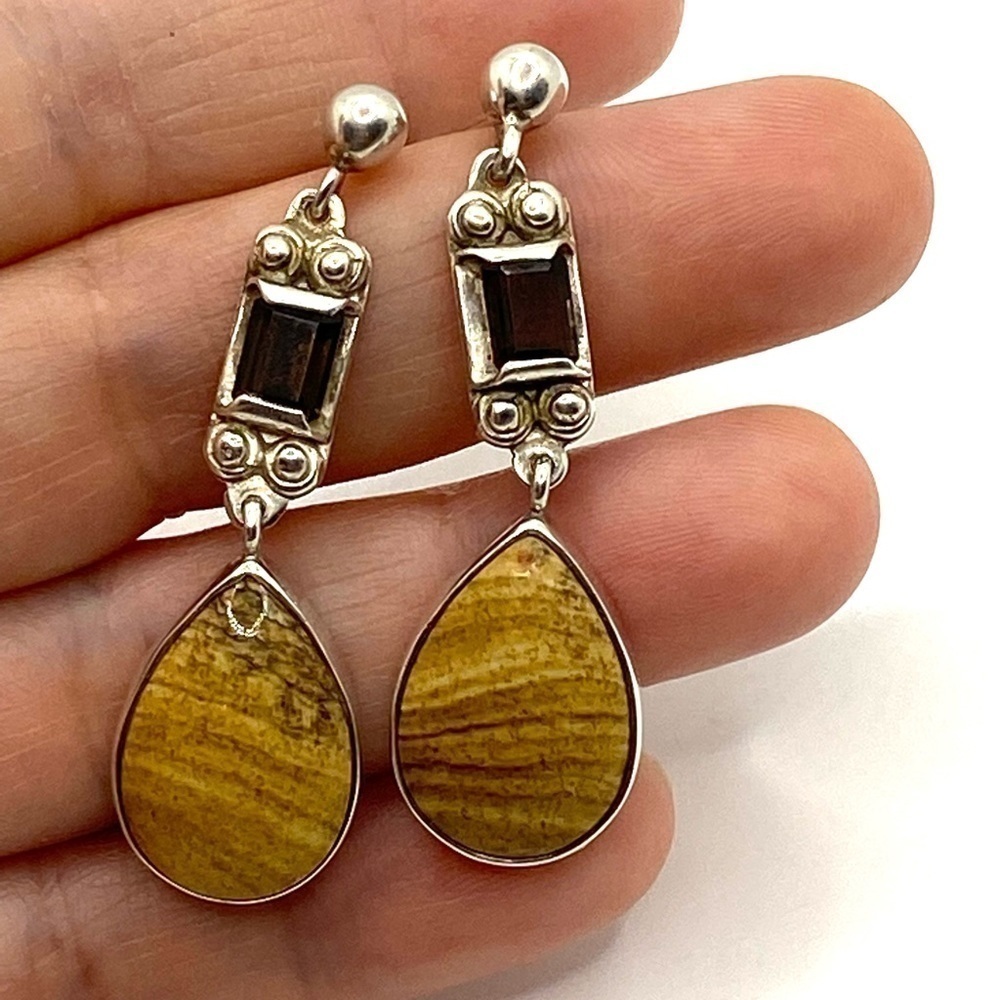 Sterling Silver Vintage Earrings Amethyst and Petrified Wood? Drops Dangles